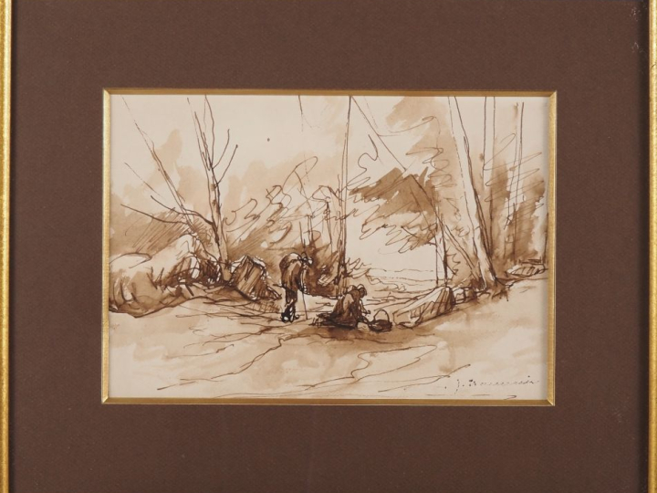 Jacques TRAVERSIER.  "la cueillette" Encre, signée en bas à droite  Di