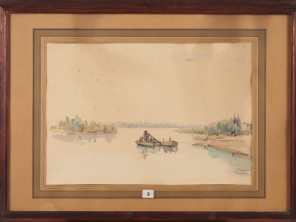 Vente aux enchères Jacques TRAVERSIER. "fleuve animé" Aquarelle signée en bas à droite  D
