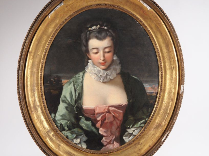 Ecole française XIXème.  "portrait d'élégante à la robe de soie"  Huil
