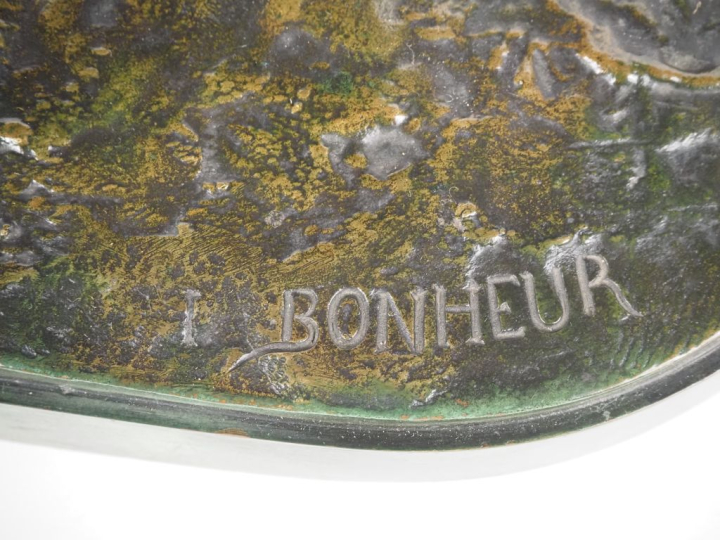 Isidore BONHEUR.  "Taureau chargeant" Grand bronze à patine verte Sign