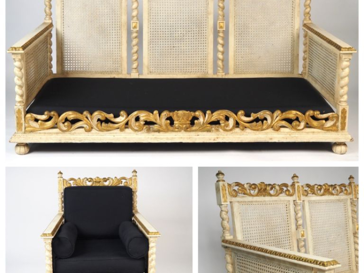 Mobilier de salon canné de style rococo en bois laqué blanc et doré co