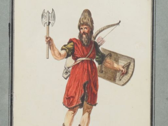 Vente aux enchères Paire d'aquarelles, "Soldats d'Alexandre", légendées. Dim. 36 x 26 cm.