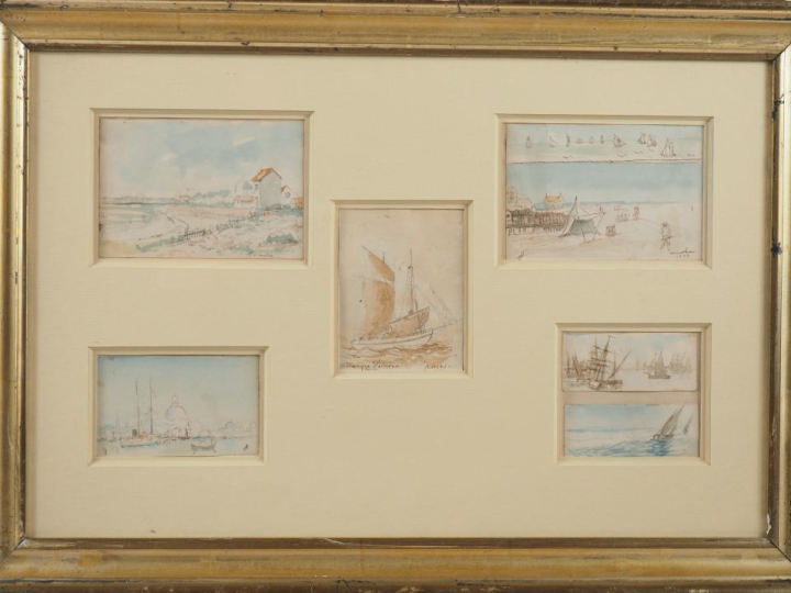 CHARTIER. Deux encadrements contenant 8 aquarelles, "vues de ports". S