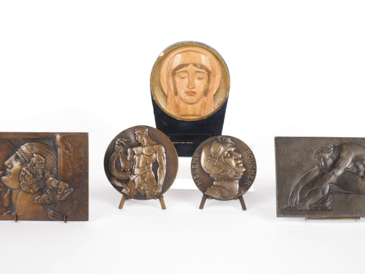Edouard Pierre BLIN. 4 plaques ou médailles Art Déco en régule patiné 