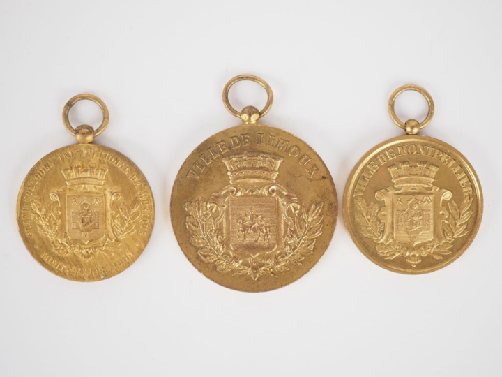 3 différentes médailles en bronze doré, "ville de Limoux", "ville de M