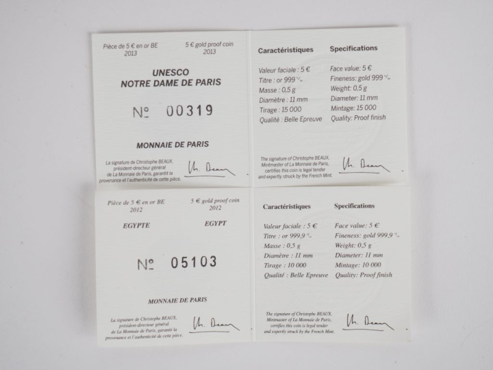 Pièce de 5 euros Egypte 2012 en or 999, monnaie de Paris, dans son écr