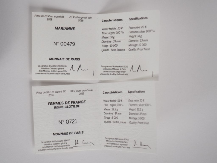 Ensemble de pièces de collection en argent dont :  - Pièce de 20 euros