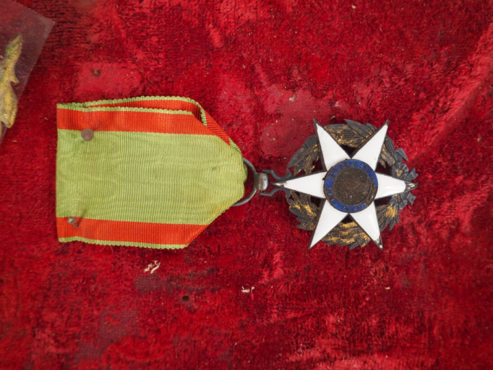 Cadre de récompenses contenant quatorze éléments dont palmes, médaille