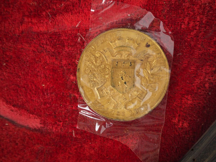 Cadre de récompenses contenant quatorze éléments dont palmes, médaille