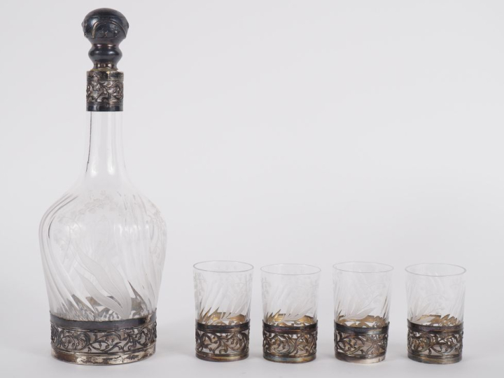 Service à liqueur de style Art Nouveau en argent 925, poinçon Minerve,