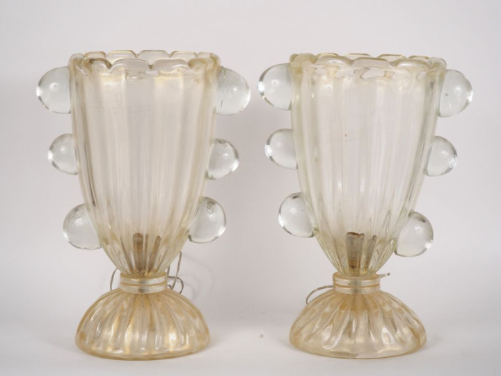 Paire de lampes en verre de Murano, translucide et pailleté d'or en fo