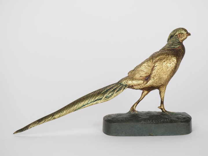 A. JACQUEMART.  "le faisan doré" Sujet en bronze doré et patiné vert. 