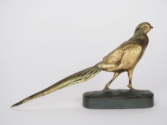 Vente aux enchères A. JACQUEMART.  "le faisan doré" Sujet en bronze doré et patiné vert. 