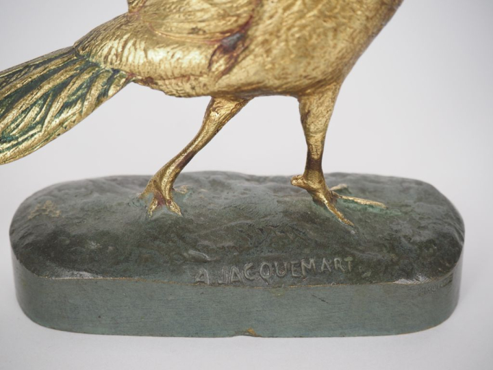 A. JACQUEMART.  "le faisan doré" Sujet en bronze doré et patiné vert. 