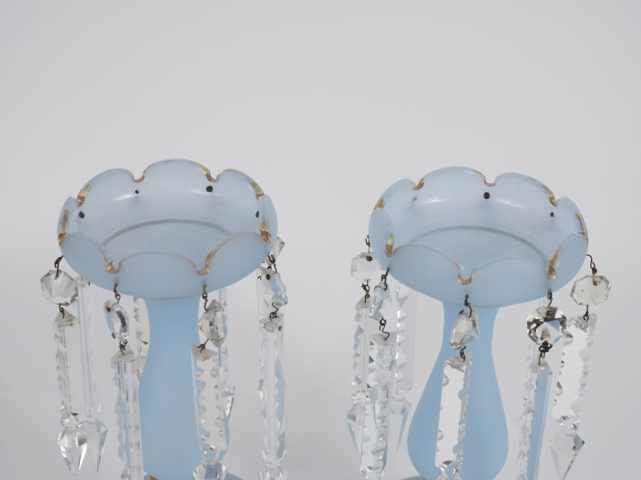 Paire de porte ananas Napoléon III en opaline bleue et dorée et pampil