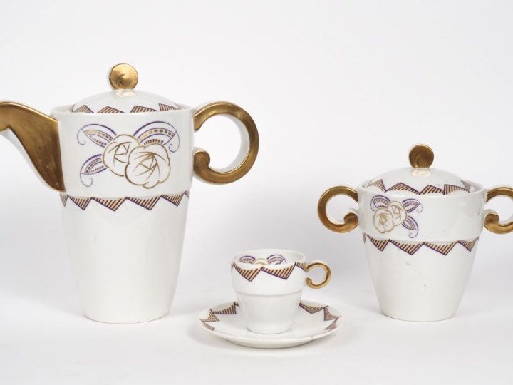 Service à café Art Déco en porcelaine de Limoges à décor de fleurs sty