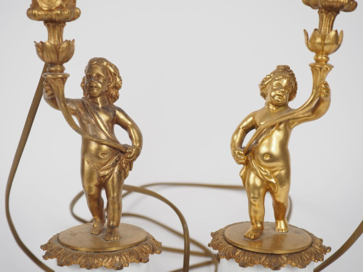 Paire de lampes de salon de style Louis XVI en bronze patiné et doré, 