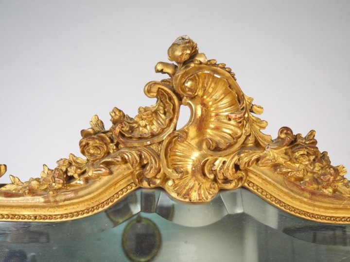 Glace de cheminée Napoléon III de style Rocaille, glace biseautée, cad