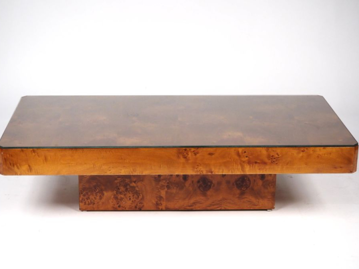 Table basse de salon en loupe. Dim. 30 x 120 x 59 cm