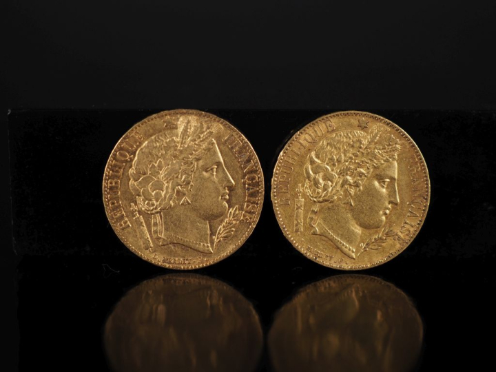 Deux pièces de 20 Francs or, 1850-A et 1851-A.  FRAIS ACHETEURS 10% HT