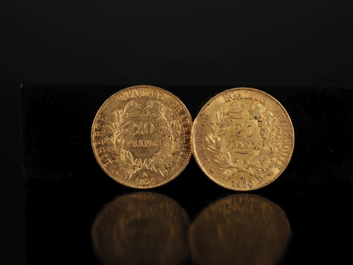 Deux pièces de 20 Francs or, 1850-A et 1851-A.  FRAIS ACHETEURS 10% HT