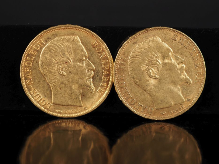 Deux pièces de 20 Francs or, 1852-A et 1857-A.  FRAIS ACHETEURS 10% HT