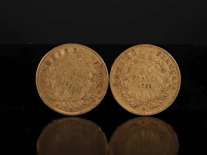 Deux pièces de 20 Francs or, 1858-A et 1858-BB. FRAIS ACHETEURS 10% HT