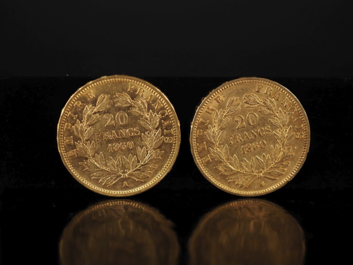 Deux pièces de 20 Francs or, 1860-A et 1860-BB.  FRAIS ACHETEURS 10% H