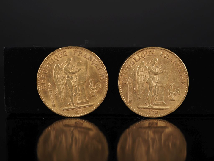 Deux pièces de 20 Francs or, 1876-A. FRAIS ACHETEURS 10% HT.