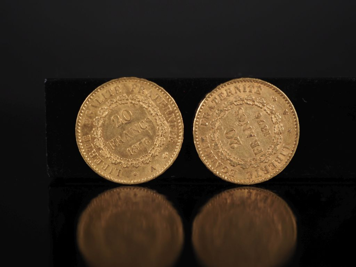 Deux pièces de 20 Francs or, 1876-A. FRAIS ACHETEURS 10% HT.