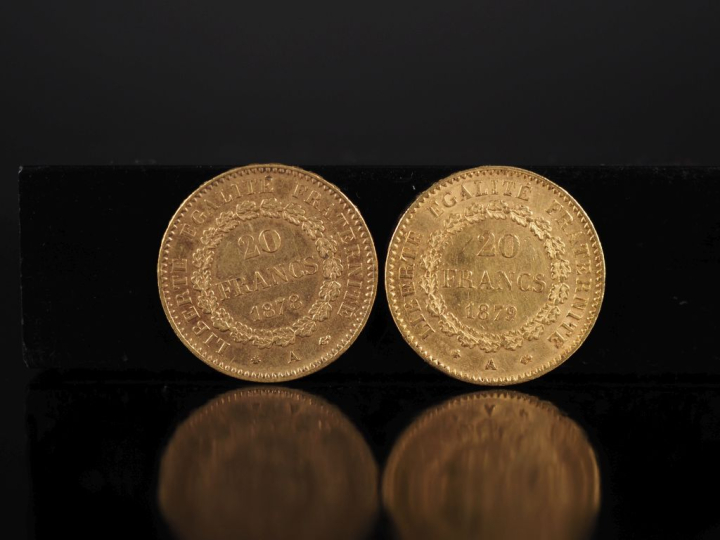 Deux pièces de 20 Francs or, 1878-A et 1879-A. FRAIS ACHETEURS 10% HT.