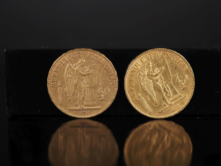 Deux pièces de 20 Francs or, 1878-A et 1879-A. FRAIS ACHETEURS 10% HT.