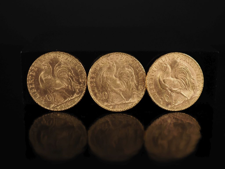 Trois pièces de 20 Francs or, 1907. FRAIS ACHETEURS 10% HT.