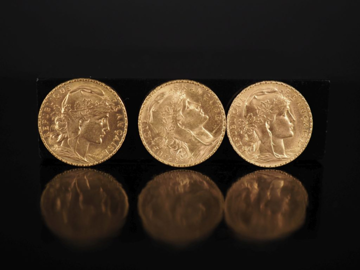 Trois pièces de 20 Francs or, 1907. FRAIS ACHETEURS 10% HT.