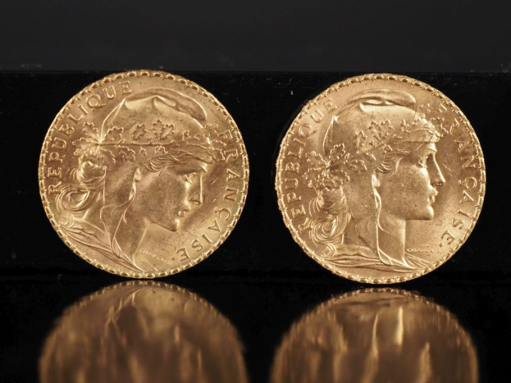 Deux pièces de 20 Francs or, 1912 et 1913.  FRAIS ACHETEURS 10% HT.