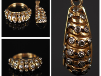 Vente aux enchères Demi-parure en or jaune 750 et diamants. Comprenant :  - un pendentif 