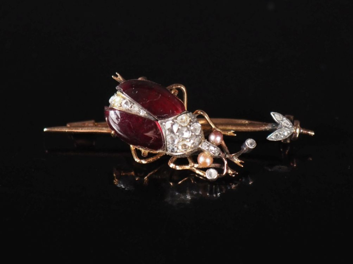 Ravissante broche en forme d'insecte en or jaune 750 et argent, agréme