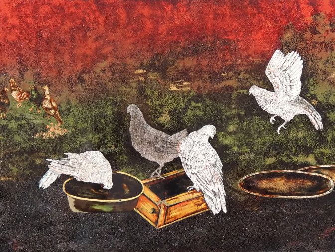 Vietnam, XXe siècle,  Panneau en laque, représentant oiseaux près de m