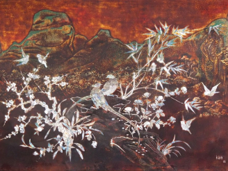 Vente aux enchères Vietnam, XXe siècle,  Panneau en laque représentant des oiseaux sur de