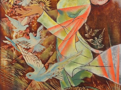 Vietnam, travail moderne,  Panneau en laque, représentant une jeune fe