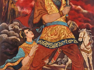 Vente aux enchères Vietnam, travail moderne, Deux panneaux en laque, représentant un guer