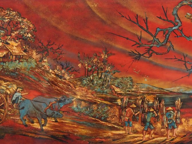 Vietnam, travail moderne, Deux panneaux en laque, représentant un guer