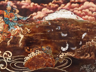 Vente aux enchères Vietnam, travail moderne,  Panneau en laque, représentant un couple à 