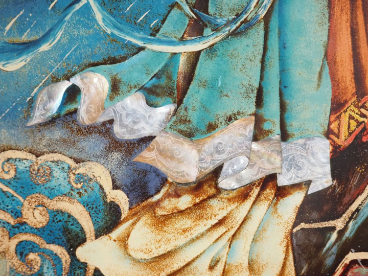 Vietnam, travail moderne,  Panneau en laque, représentant des personna