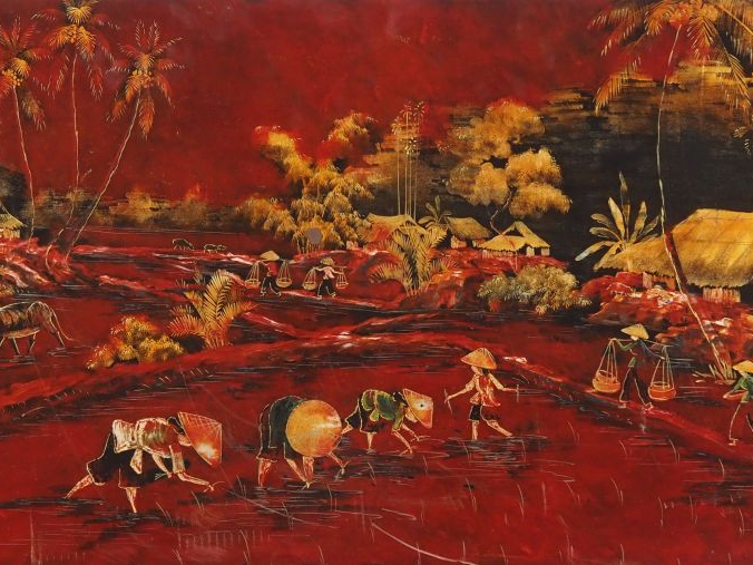 Vietnam, XXe siècle,  Deux panneaux en laque, à décor en camaïeu de ro