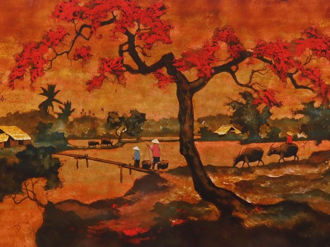 Vietnam, XXe siècle,  Deux panneaux en laque, à décor en camaïeu de ro