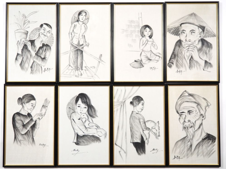 BEKY (1938-) Douze encres sur soie, représentant des personnages dont 