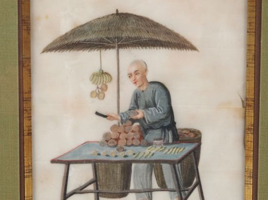 Canton, fin XIXe siècle, Trois gouaches sur papier de riz représentant