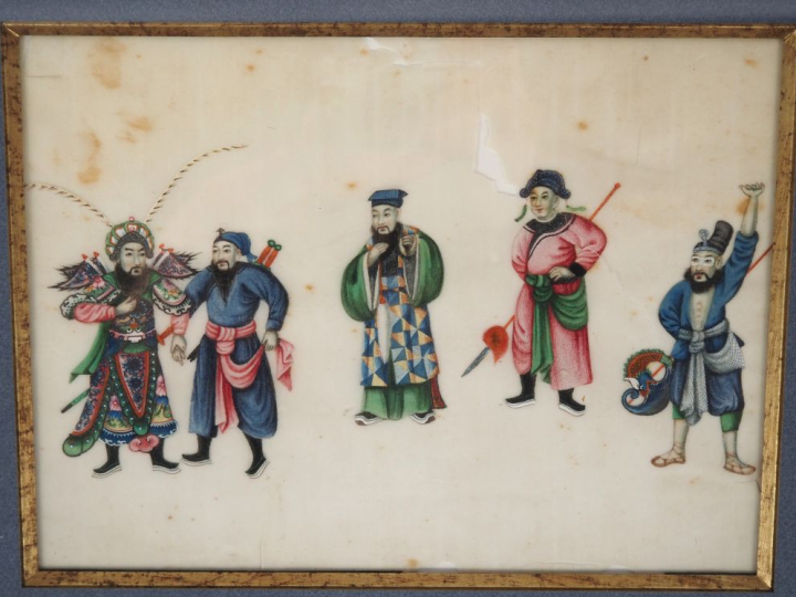 Canton, fin XIXe siècle, Trois gouaches sur papier de riz représentant