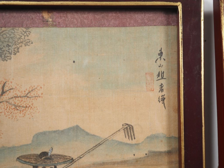 Chine, XXe siècle,  Quatre encres et couleurs sur soie, représentant d